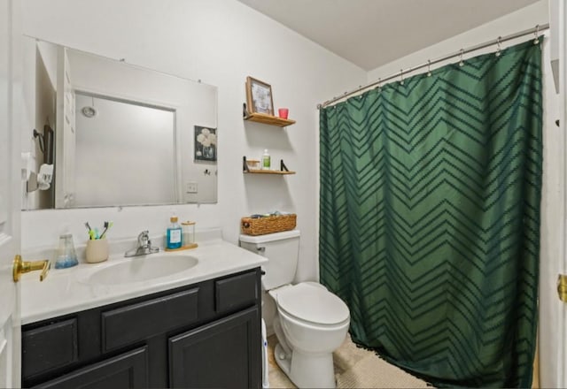 full bathroom featuring toilet, curtained shower, and vanity