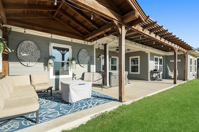 view of patio / terrace with an outdoor hangout area, a ceiling fan, grilling area, a pergola, and a hot tub