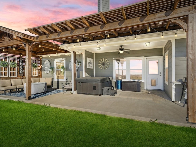 view of patio / terrace featuring an outdoor hangout area, a pergola, a ceiling fan, and a hot tub