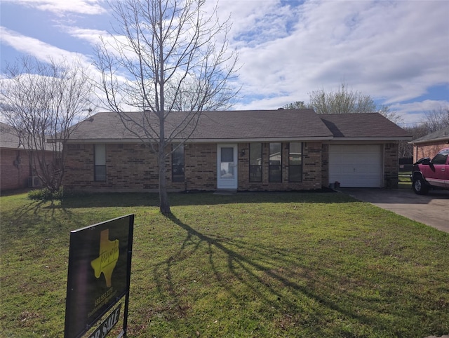 ranch-style house featuring a front lawn, brick siding, a garage, and driveway