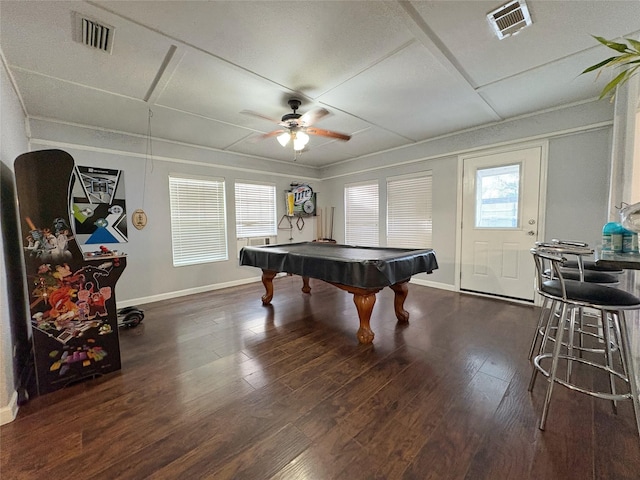 rec room with baseboards, billiards, visible vents, and wood finished floors