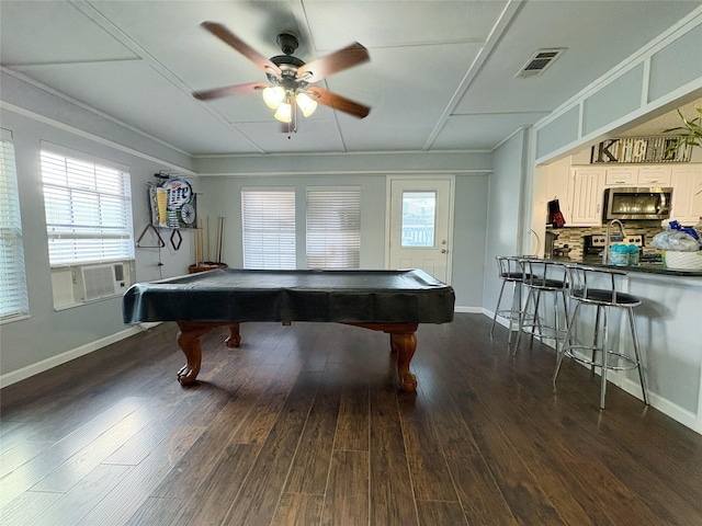 rec room with pool table, dark wood-style flooring, visible vents, and a healthy amount of sunlight