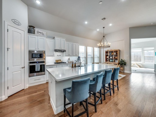 kitchen featuring light wood finished floors, visible vents, appliances with stainless steel finishes, under cabinet range hood, and a sink