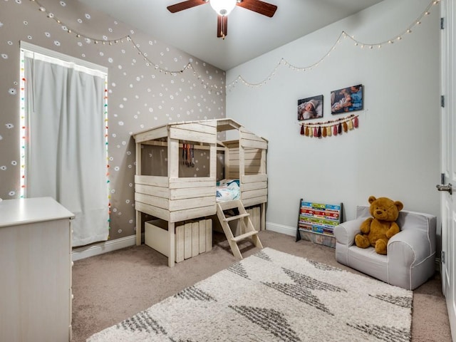 bedroom with baseboards, carpet floors, and wallpapered walls