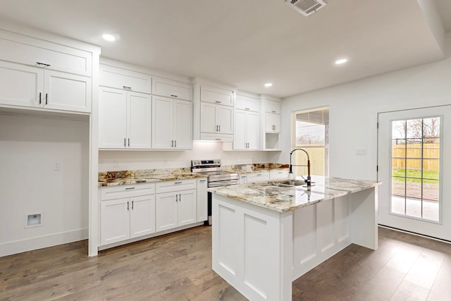 kitchen with electric range, visible vents, white cabinets, light wood-style floors, and a sink