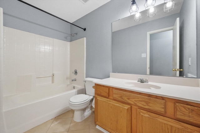 bathroom with toilet, bathing tub / shower combination, vanity, and tile patterned floors