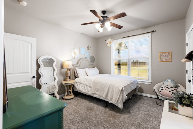 bedroom with carpet, baseboards, and ceiling fan