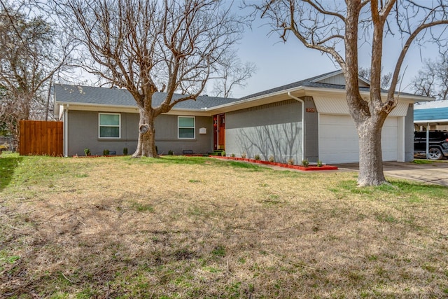 ranch-style house with a garage, brick siding, crawl space, and fence