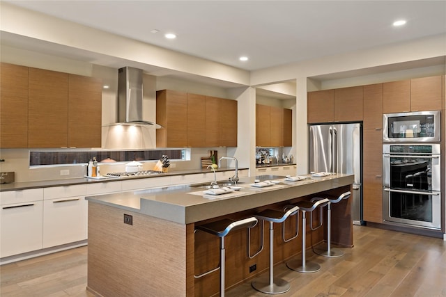 kitchen with modern cabinets, appliances with stainless steel finishes, and wall chimney range hood