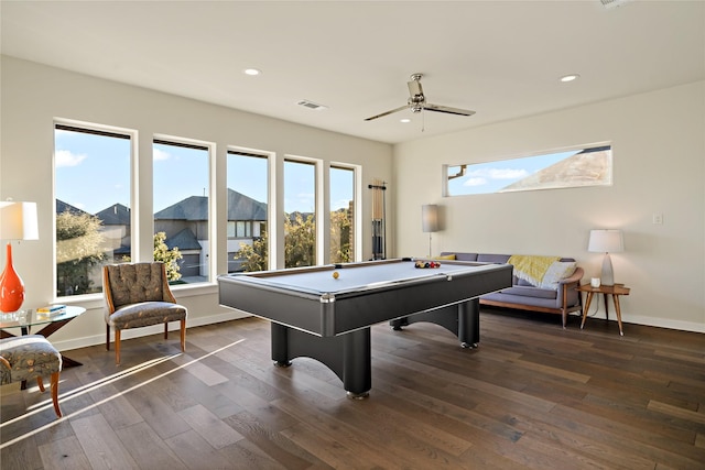 636 Benalla Dr, Frisco, TX 75036 - rec room with dark wood-style floors, recessed lighting, ceiling fan, pool table, and baseboards
