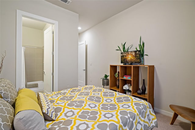 carpeted bedroom with visible vents, recessed lighting, and baseboards