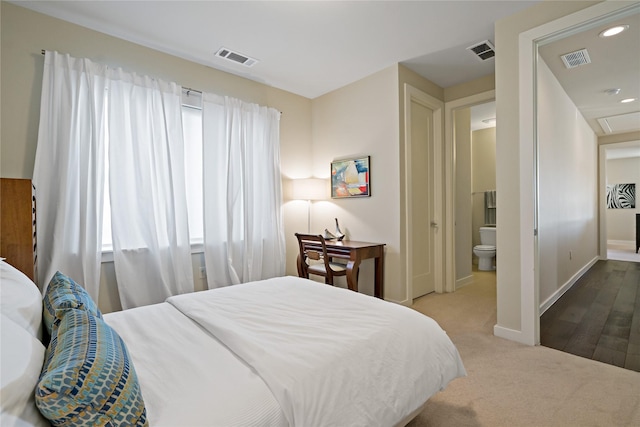 carpeted bedroom featuring visible vents, recessed lighting, and baseboards