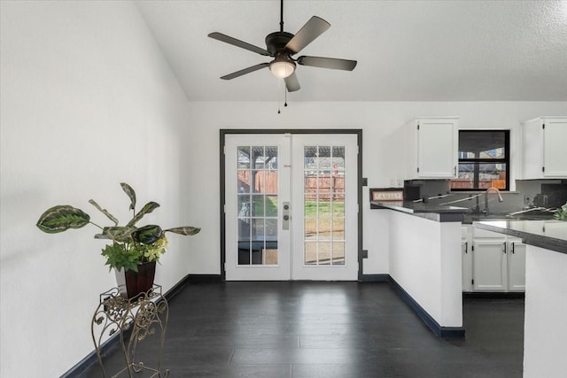 kitchen with plenty of natural light, french doors, white cabinetry, and dark wood-style flooring