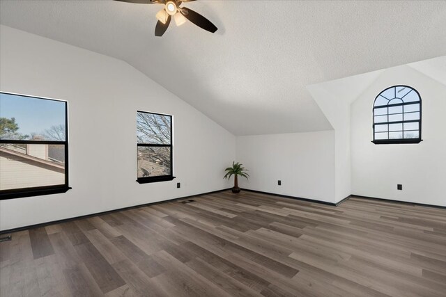 additional living space with a wealth of natural light, lofted ceiling, a textured ceiling, and wood finished floors