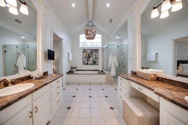 bathroom with lofted ceiling with beams, two vanities, a sink, visible vents, and a stall shower