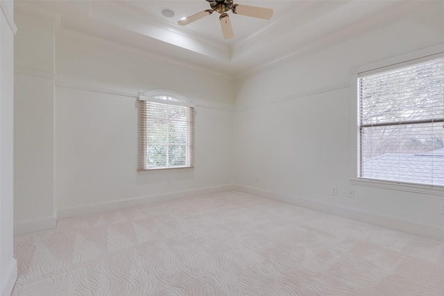 spare room with light carpet, baseboards, a raised ceiling, and a ceiling fan