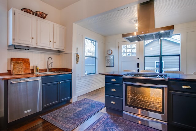 kitchen featuring a sink, blue cabinetry, appliances with stainless steel finishes, and island range hood