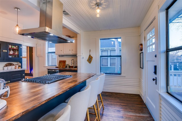 kitchen with island exhaust hood, a sink, a kitchen breakfast bar, dark wood-style floors, and wooden counters