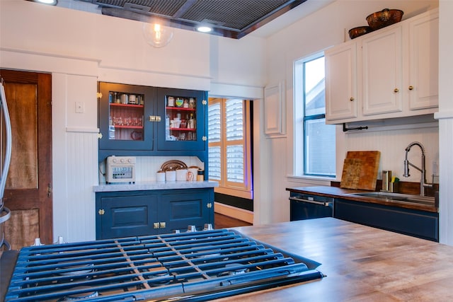 kitchen with glass insert cabinets, white cabinets, a healthy amount of sunlight, and a sink