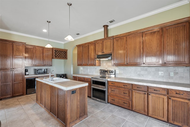 2118 Darby Dan Ct, Granbury, TX 76049 - kitchen featuring range with two ovens, a sink, under cabinet range hood, wine cooler, and light tile patterned flooring