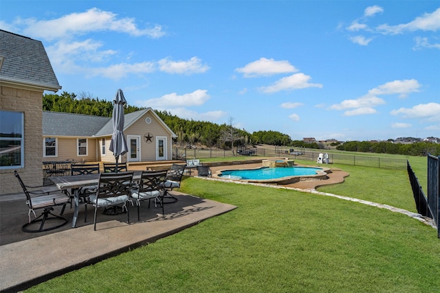 view of yard featuring a fenced in pool, a fenced backyard, and a patio area