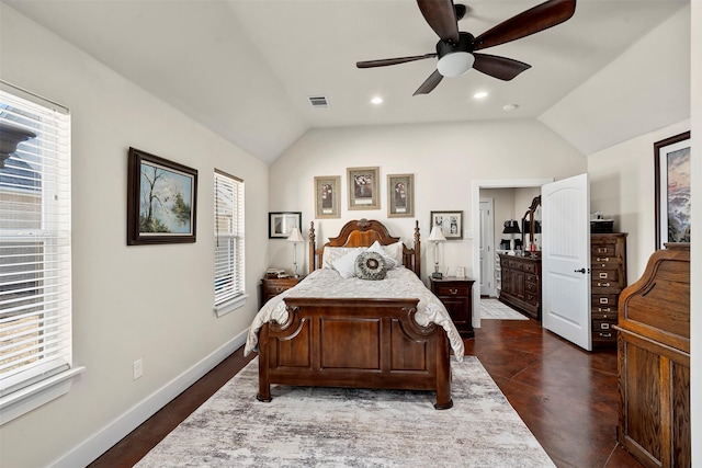 bedroom with vaulted ceiling, recessed lighting, baseboards, and visible vents