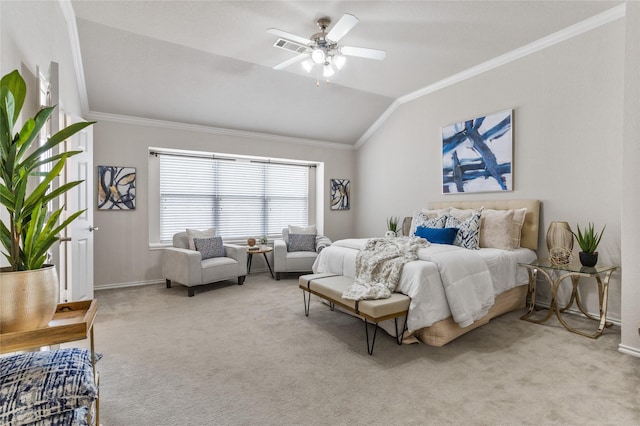 carpeted bedroom featuring baseboards, visible vents, lofted ceiling, ceiling fan, and crown molding