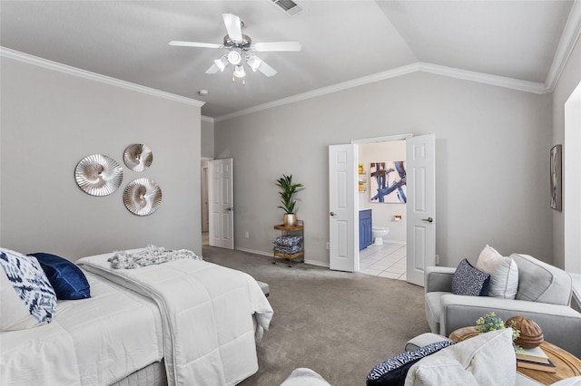 bedroom featuring lofted ceiling, carpet, visible vents, and ornamental molding