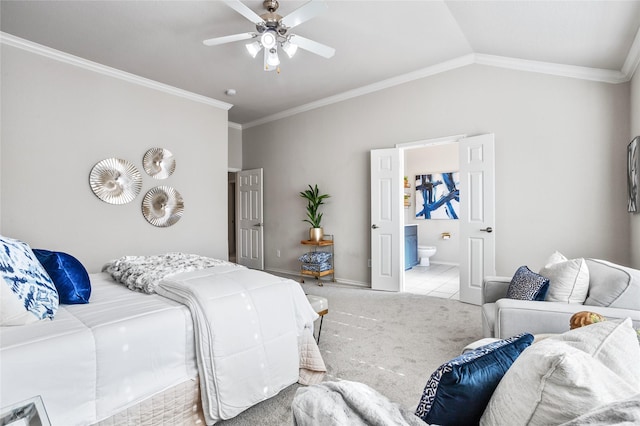 1503 Norway Pine St, Arlington, TX 76012 - carpeted bedroom with crown molding, ensuite bathroom, lofted ceiling, baseboards, and a ceiling fan