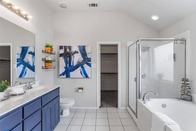 bathroom featuring tile patterned floors, visible vents, a garden tub, and a shower stall