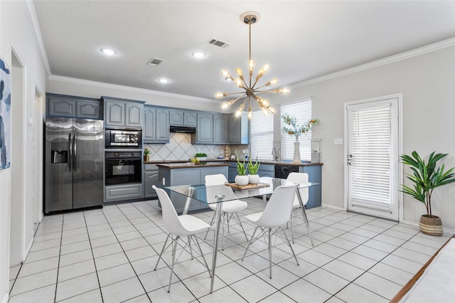 1503 Norway Pine St, Arlington, TX 76012 - kitchen featuring stainless steel refrigerator with ice dispenser, oven, built in microwave, a chandelier, and light tile patterned floors