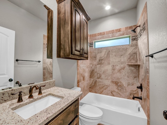 full bathroom with toilet, shower / bath combination, recessed lighting, and vanity