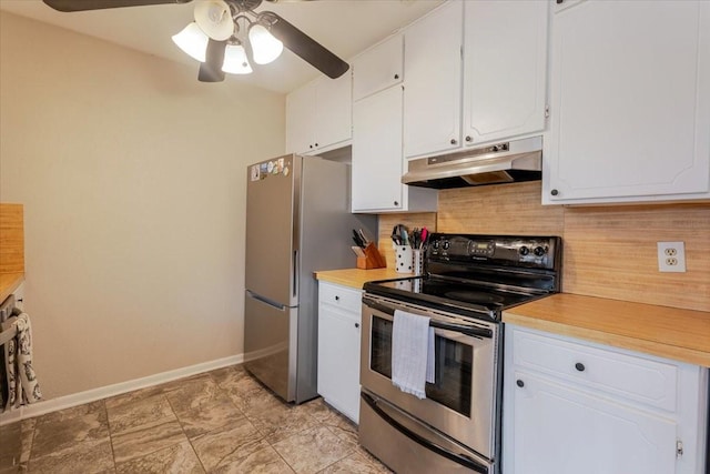 kitchen with decorative backsplash, stainless steel appliances, light countertops, under cabinet range hood, and white cabinetry