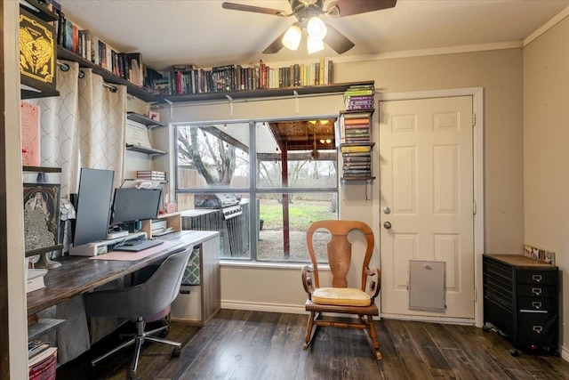 office space featuring ornamental molding, ceiling fan, and wood finished floors