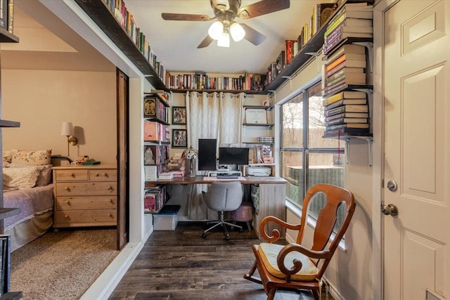 office space with ceiling fan and wood finished floors