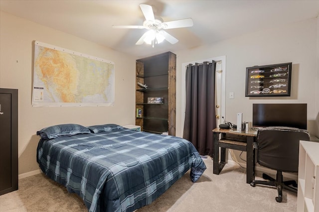 bedroom with baseboards, a ceiling fan, and light colored carpet