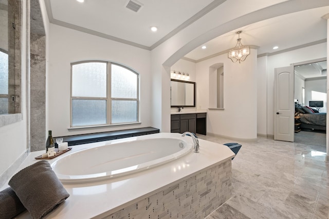 ensuite bathroom with visible vents, ensuite bath, crown molding, vanity, and a bath