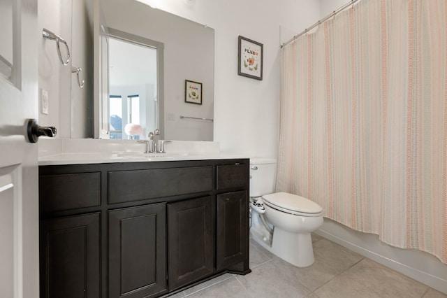 full bathroom featuring shower / bath combo, vanity, toilet, and tile patterned floors