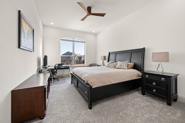 bedroom with ceiling fan, recessed lighting, and light colored carpet