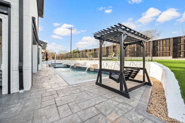 view of pool with a pool with connected hot tub, a fenced backyard, a patio, and a pergola