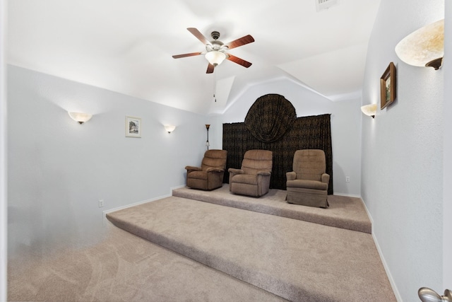 3532 Delaney Dr, Fort Worth, TX 76244 - carpeted home theater room featuring a ceiling fan, lofted ceiling, and baseboards