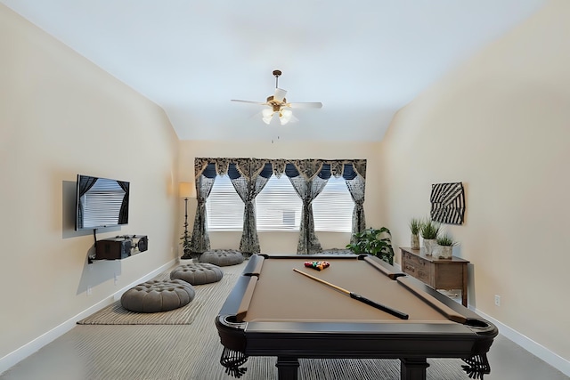 3532 Delaney Dr, Fort Worth, TX 76244 - game room with a ceiling fan, vaulted ceiling, baseboards, and billiards table