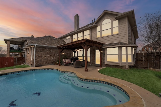 3532 Delaney Dr, Fort Worth, TX 76244 - back of property at dusk with a patio, a chimney, brick siding, and a gazebo