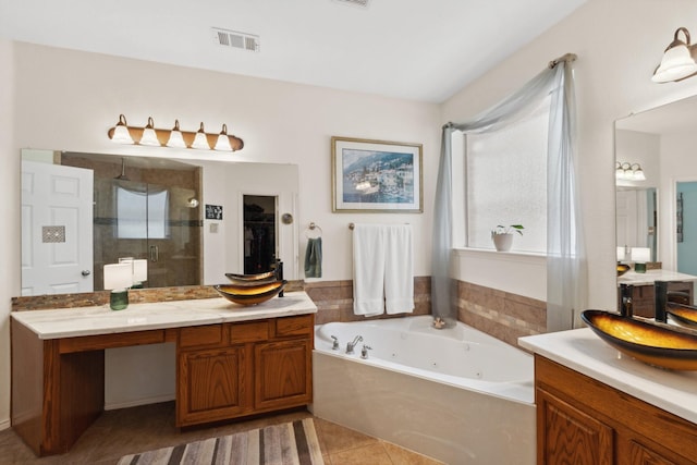 3532 Delaney Dr, Fort Worth, TX 76244 - full bath with a stall shower, a jetted tub, vanity, and tile patterned flooring