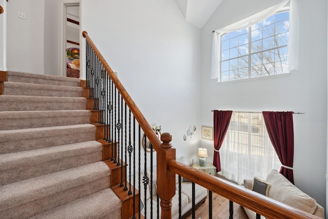 3532 Delaney Dr, Fort Worth, TX 76244 - staircase featuring wood finished floors and vaulted ceiling
