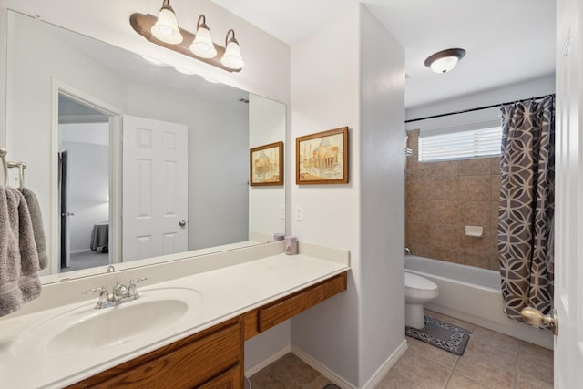 3532 Delaney Dr, Fort Worth, TX 76244 - bathroom featuring toilet, tile patterned floors, shower / tub combo with curtain, and vanity