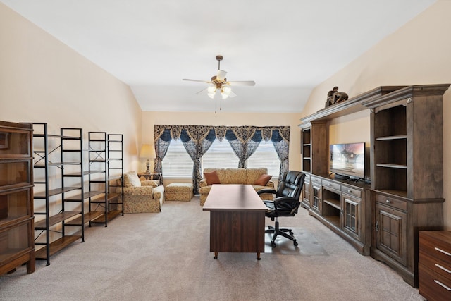 3532 Delaney Dr, Fort Worth, TX 76244 - office featuring vaulted ceiling, light colored carpet, and ceiling fan