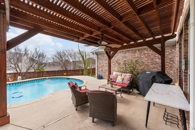 3532 Delaney Dr, Fort Worth, TX 76244 - view of pool with a fenced backyard, grilling area, a patio, an outdoor living space, and ceiling fan