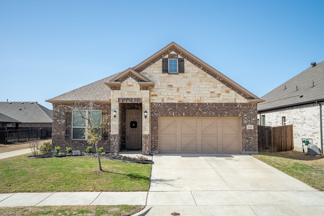 view of front of house with concrete driveway, brick siding, and fence