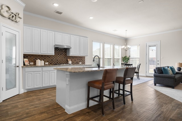 kitchen with under cabinet range hood, visible vents, dark wood-style flooring, and a sink